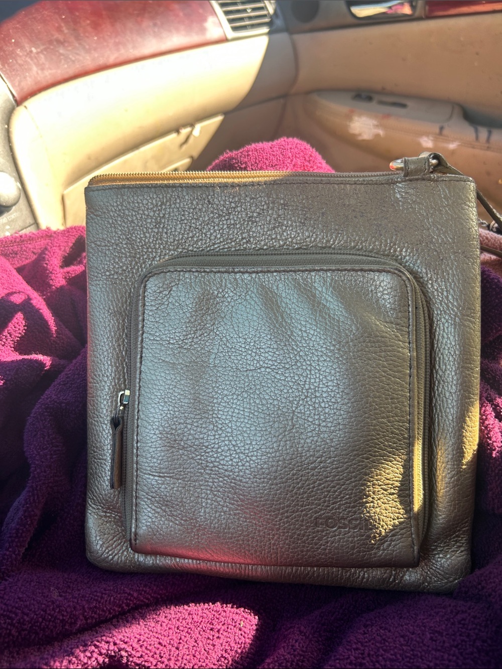 Fossil Gold Pebbled Leather Messenger Bag